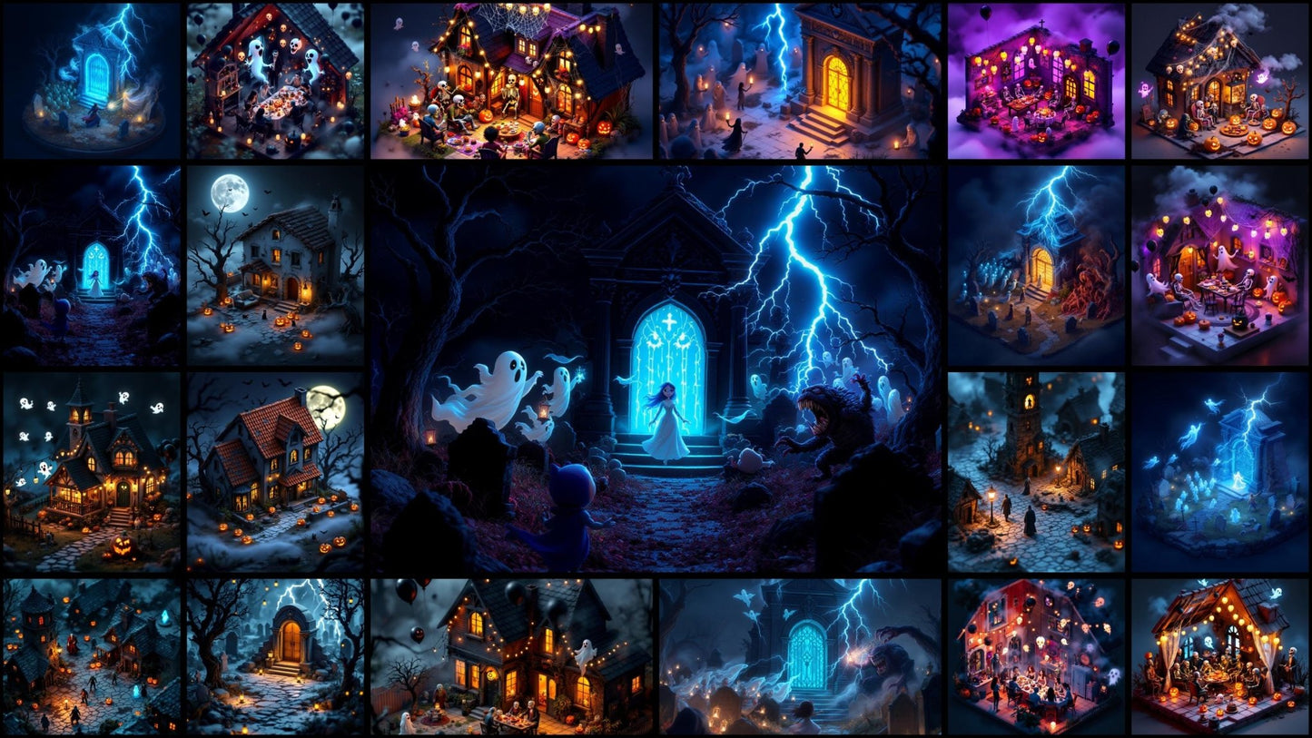 100+ Assets Digitales 4K para Halloween | Casas Encantadas Isométricas | Neon Teal Goth Lofi | Fondos de Pantalla, Arte, Videos - UnhigoArt™ Shop Mi tienda